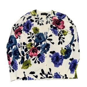 Jones New York Cardigan Women's Size XL Cream Pink Blue Floral Button V Neck